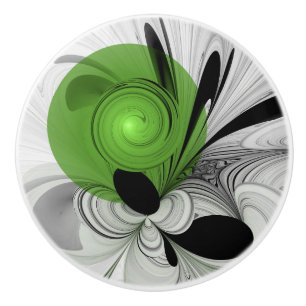 Abstract Black and White with Green Fractal Art Ceramic Knob