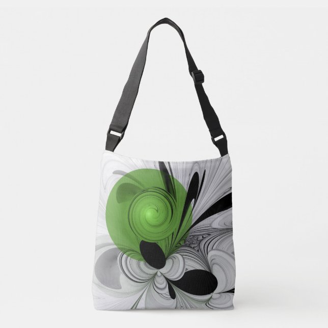Abstract Black and White with Green Fractal Art Crossbody Bag (Front)