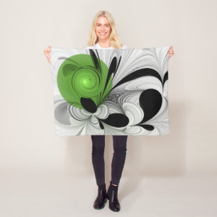 Abstract Black and White with Green Fractal Art Fleece Blanket