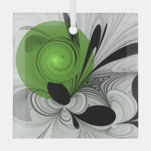 Abstract Black and White with Green Fractal Art Glass Ornament