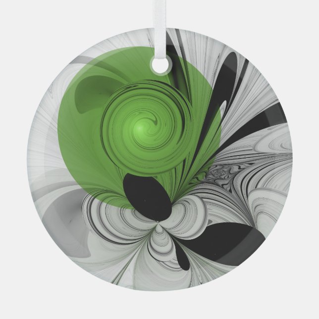 Abstract Black and White with Green Fractal Art Glass Ornament (Front)