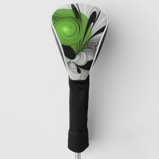 Abstract Black and White with Green Fractal Art Golf Head Cover (Front)