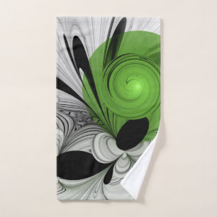Abstract Black and White with Green Fractal Art Hand Towel