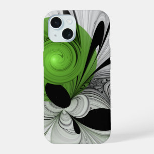 Abstract Black and White with Green Fractal Art iPhone 15 Case