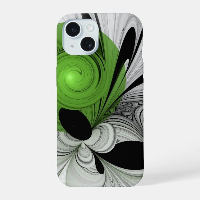 Abstract Black and White with Green Fractal Art iPhone 15 Case (Back)