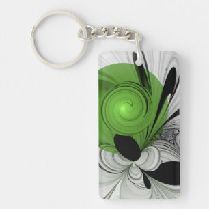 Abstract Black and White with Green Fractal Art Keychain