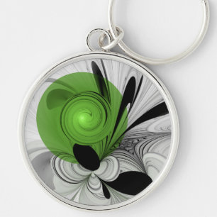 Abstract Black and White with Green Fractal Art Keychain
