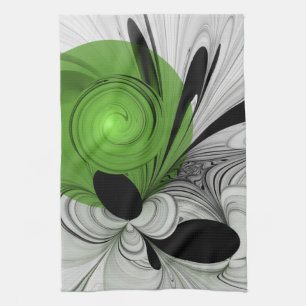 Abstract Black and White with Green Fractal Art Kitchen Towel