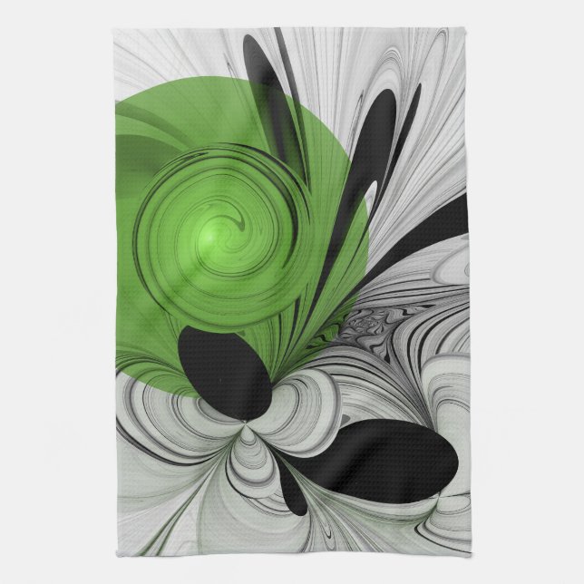 Abstract Black and White with Green Fractal Art Kitchen Towel (Vertical)