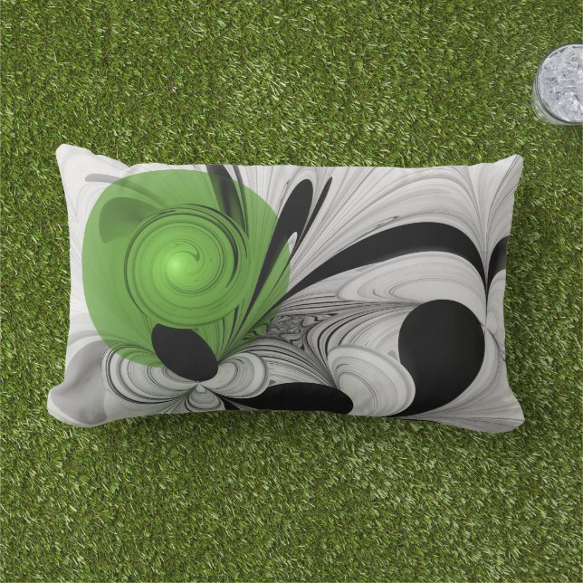 Abstract Black and White with Green Fractal Art Lumbar Pillow (Grass)
