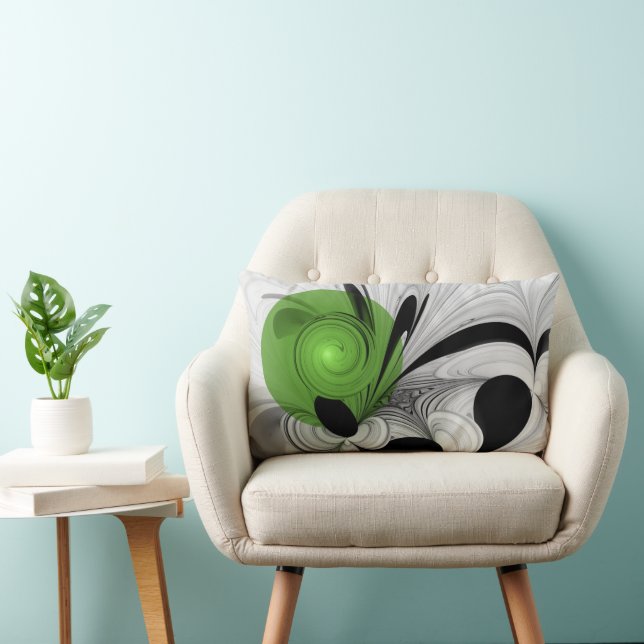 Abstract Black and White with Green Fractal Art Lumbar Pillow (Chair)