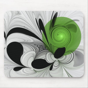 Abstract Black and White with Green Fractal Art Mouse Pad
