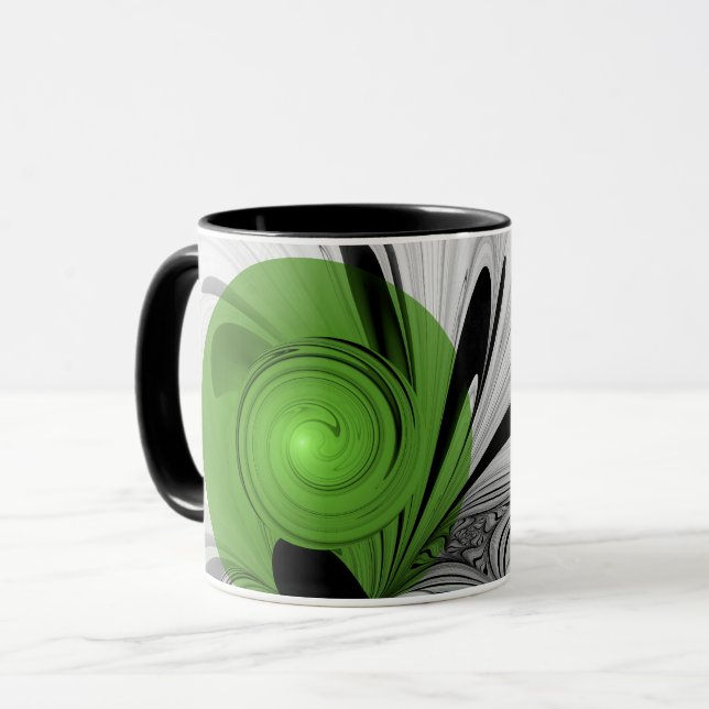 Abstract Black and White with Green Fractal Art Mug (Front Left)
