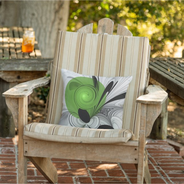 Abstract Black and White with Green Fractal Art Outdoor Pillow (Chair)