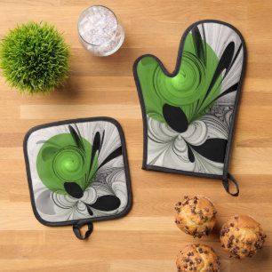 Abstract Black and White with Green Fractal Art Oven Mitt & Pot Holder Set
