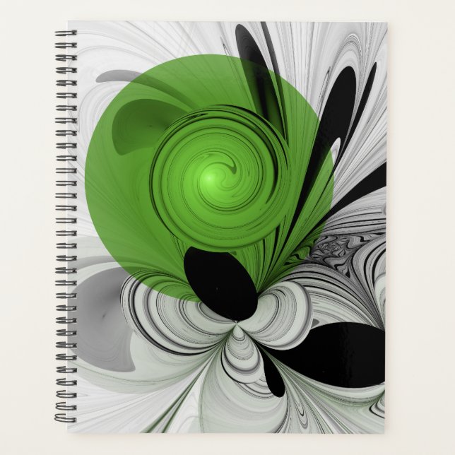 Abstract Black and White with Green Fractal Art Planner (Front)