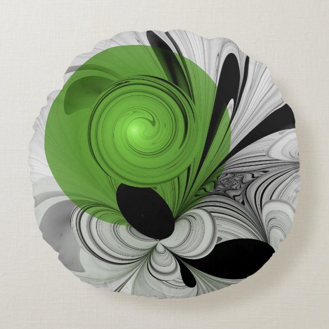 Abstract Black and White with Green Fractal Art Round Pillow (Front)