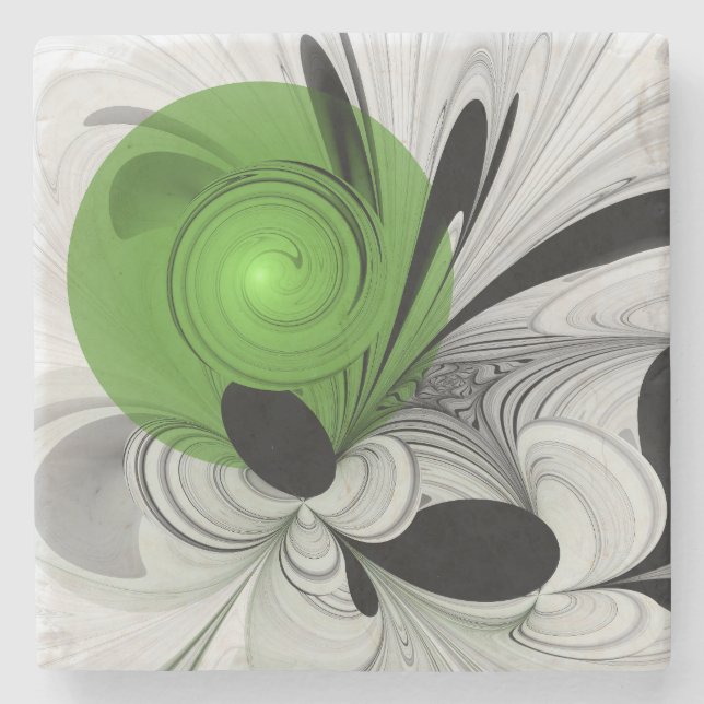 Abstract Black and White with Green Fractal Art Stone Coaster (Front)