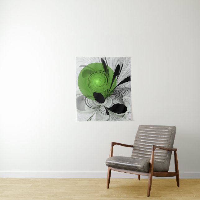 Abstract Black and White with Green Fractal Art Tapestry (In Situ)