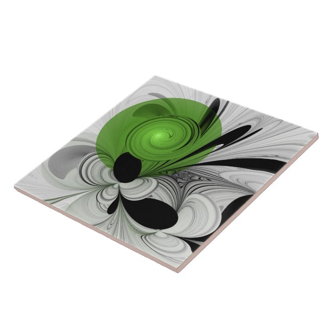 Abstract Black and White with Green Fractal Art Tile (Side)