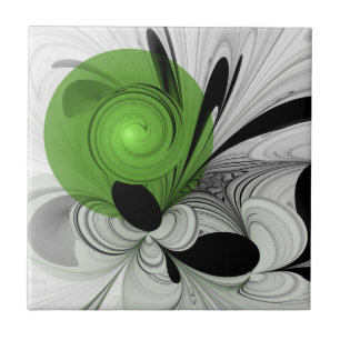 Abstract Black and White with Green Fractal Art Tile