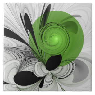 Abstract Black and White with Green Fractal Art Tile