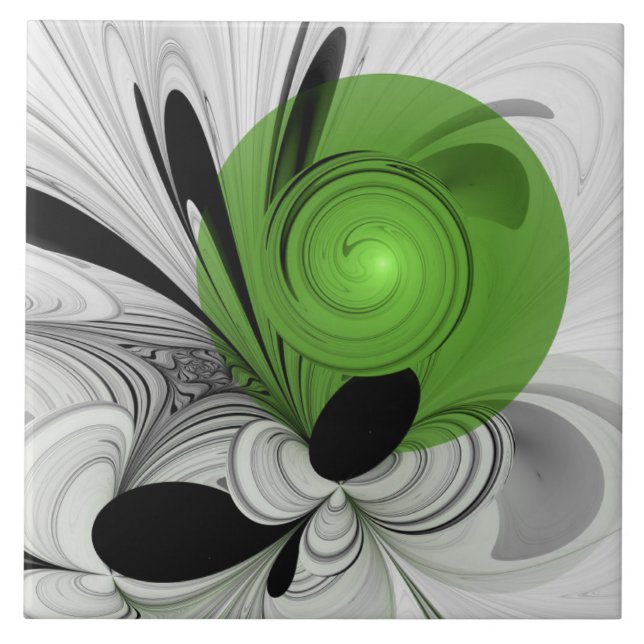 Abstract Black and White with Green Fractal Art Tile (Front)