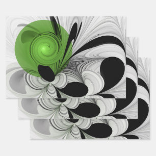 Abstract Black and White with Green Fractal Art Wrapping Paper Sheet