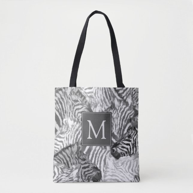 Abstract Black and White Zebra Art Monogram Tote Bag (Front)