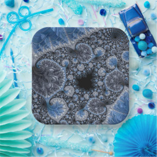 Abstract Black Blue Fractal Paper Plate
