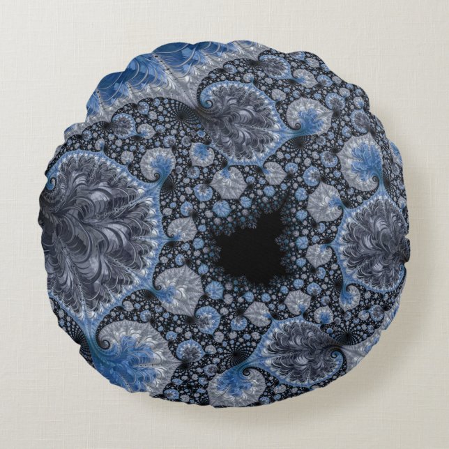Abstract Black Blue Fractal Round Pillow (Front)