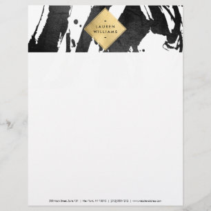 Abstract Black Brushstrokes Faux Gold Foil Diamond Letterhead