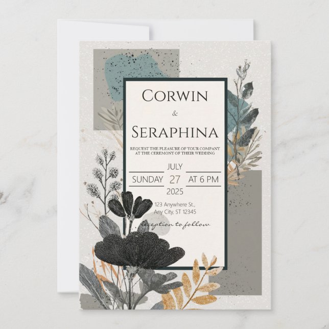 Abstract Black Floral Gold Geometric Wedding Invitation (Front)