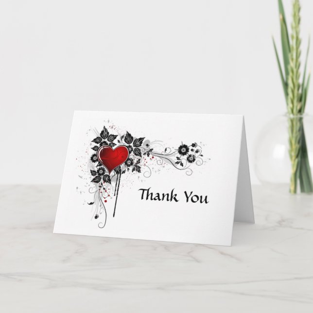 Abstract Black Floral Swirls Red Heart Thank You (Front)