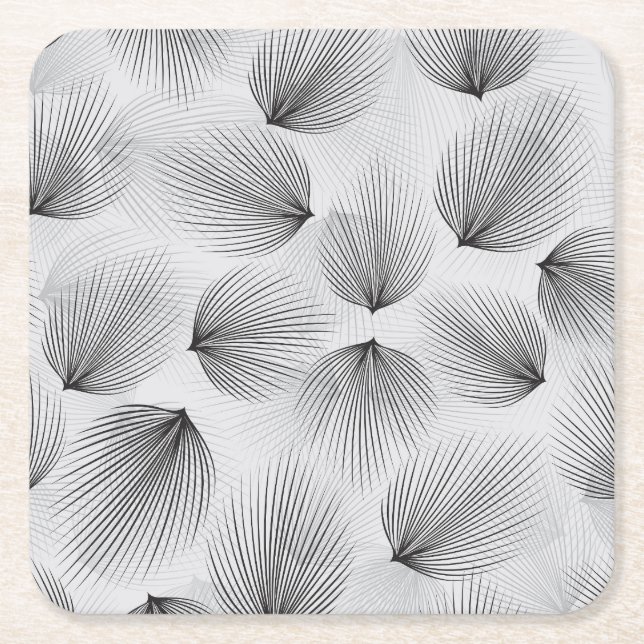Abstract Black Flowers: Grey Elegance. Square Paper Coaster (Front)