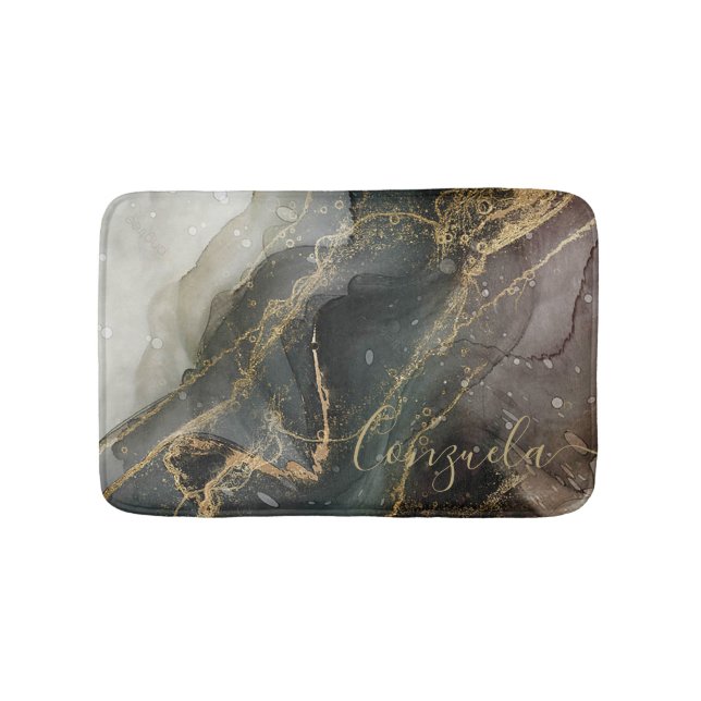 Abstract Black Gold Marble Bath Mat (Front)