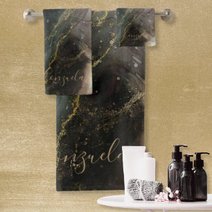 Abstract Black Gold Marble Bath Towel Set