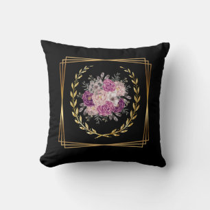 Abstract Black Gold Purple Floral Boho Trending  Throw Pillow