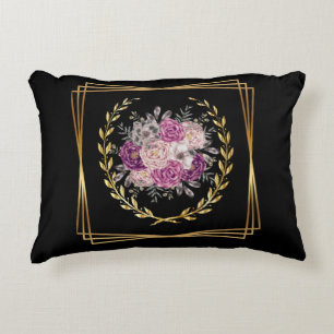Abstract Black Gold Purple Floral Laurel Wreath Accent Pillow