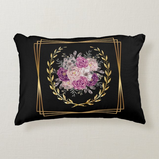 Abstract Black Gold Purple Floral Laurel Wreath Accent Pillow (Front)