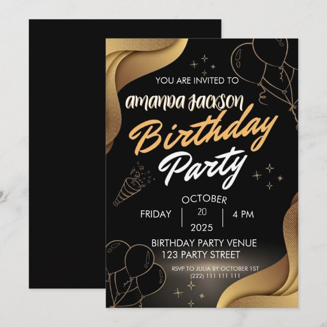 Abstract Black Gold Swirl Birthday Invitation (Front/Back)