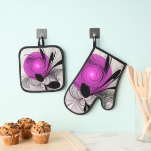 Abstract Black Gray With Magenta Fractal Art Oven Mitt & Pot Holder Set
