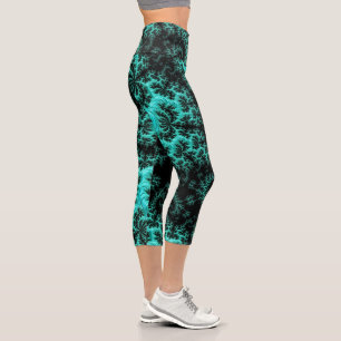 Abstract Black Green Fractal Pattern Capri Leggings