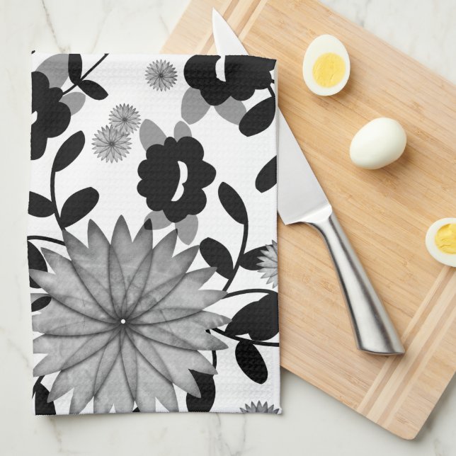 Abstract Black & Grey Digital Florals on White Kit Kitchen Towel (Quarter Fold)