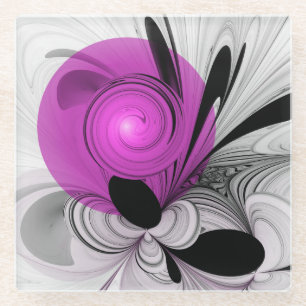 Abstract Black Grey With Magenta Fractal Art Glass Coaster
