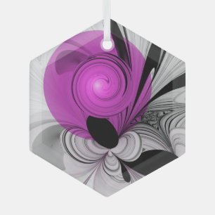 Abstract Black Grey With Magenta Fractal Art Glass Ornament