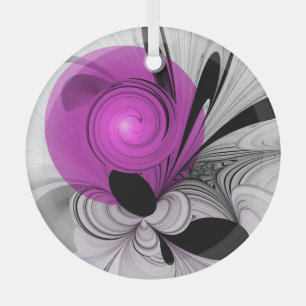 Abstract Black Grey With Magenta Fractal Art Glass Ornament