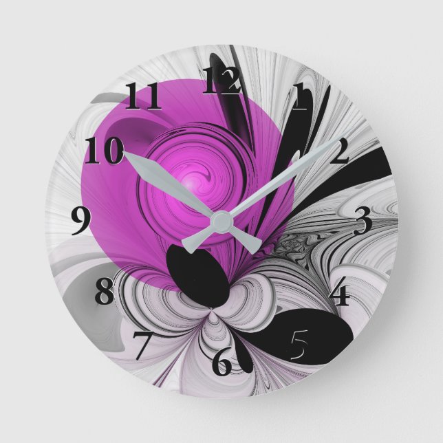 Abstract Black Grey With Magenta Fractal Art Round Clock (Front)