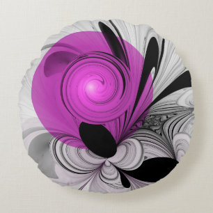 Abstract Black Grey With Magenta Fractal Art Round Pillow