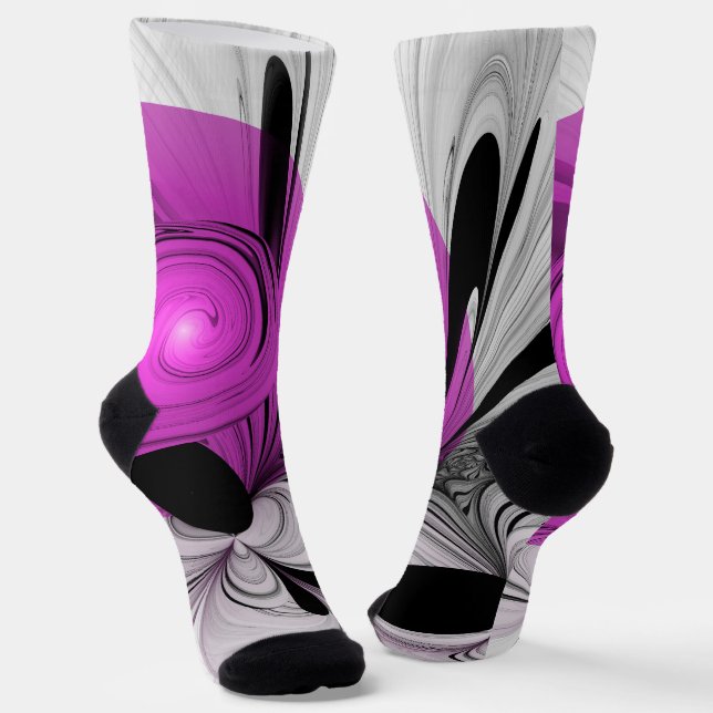 Abstract Black Grey With Magenta Fractal Art Socks (Angled)